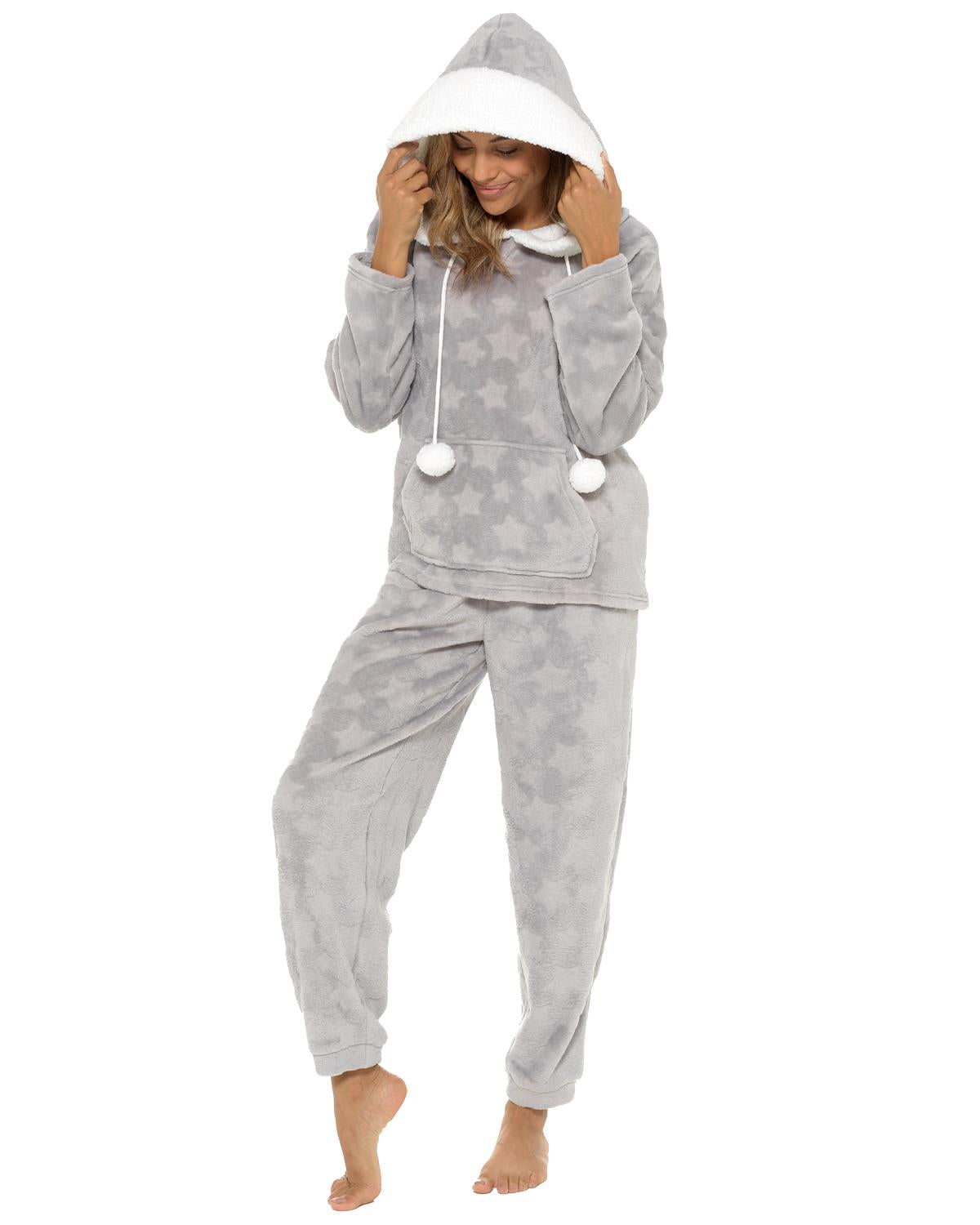 Womens Star Embossed Fleece Hooded Pyjamas