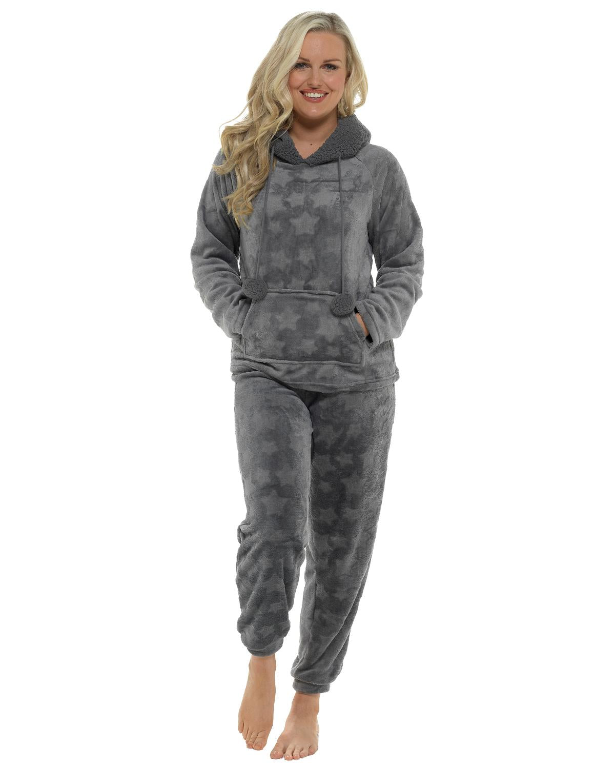 Womens Star Embossed Fleece Hooded Pyjamas