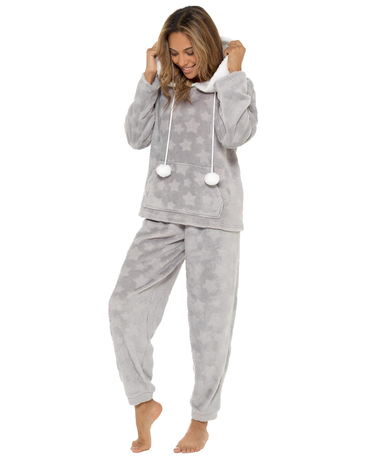 Womens Star Embossed Fleece Hooded Pyjamas