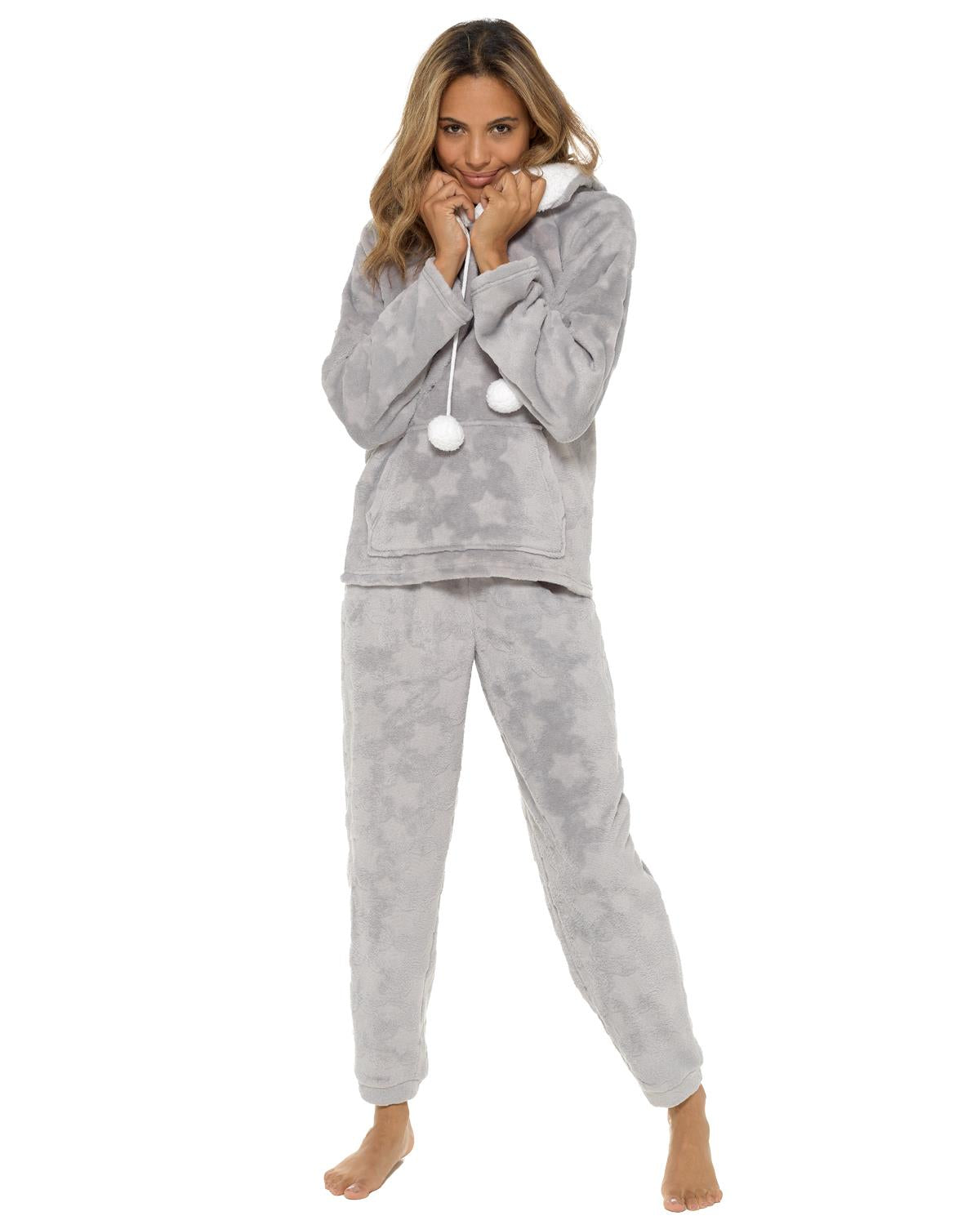 Womens Star Embossed Fleece Hooded Pyjamas