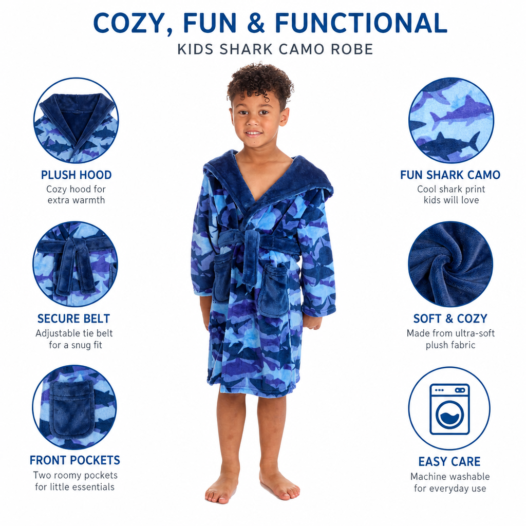 Boys Blue Shark Camo Dressing Gown