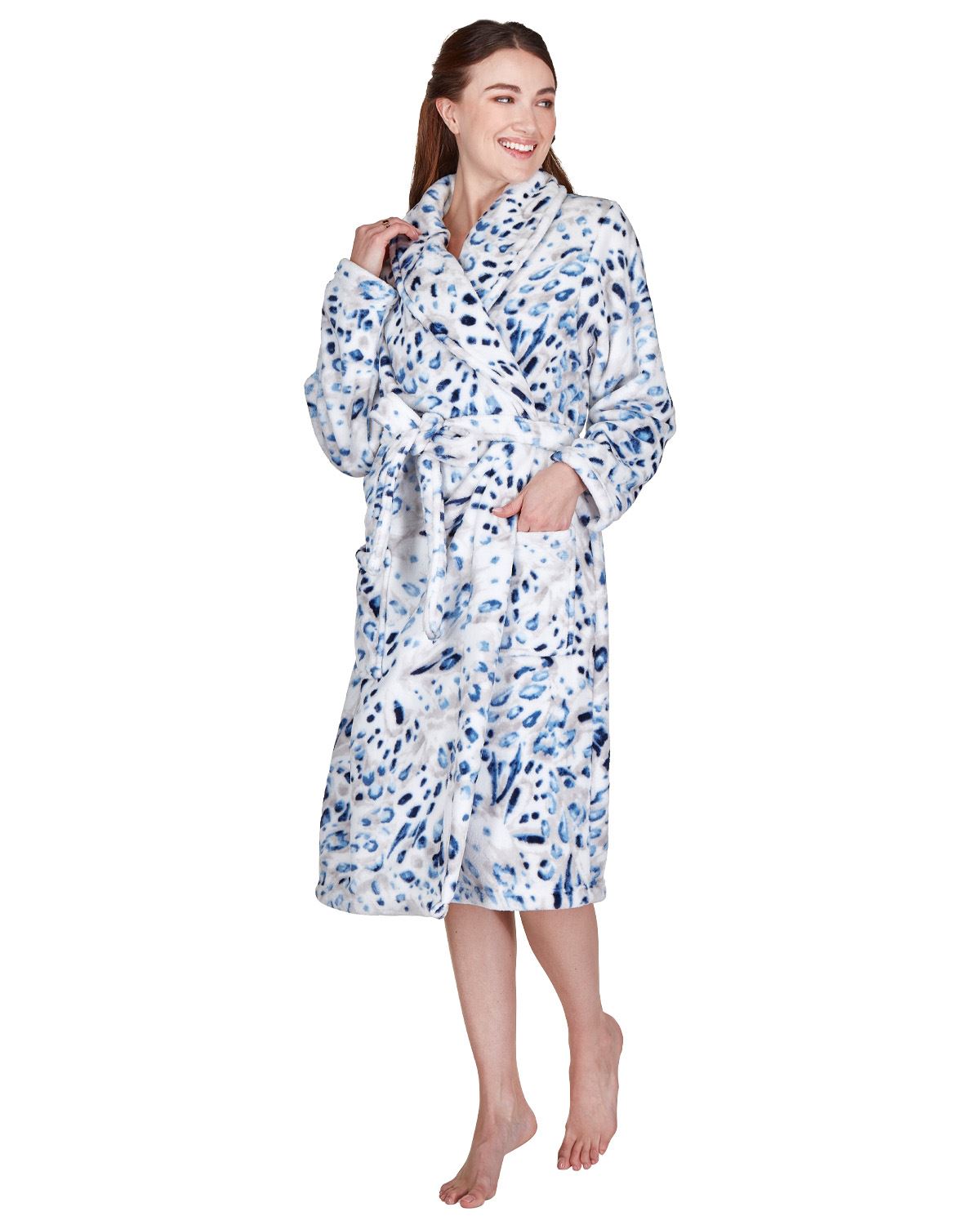 La Marquise Womens 'Blue Leopard' Supersoft Shawl Collar Robe