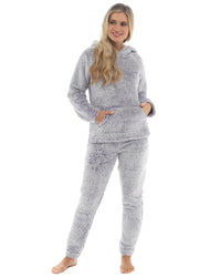 Womens Long Pile Fleece Hooded Pyjamas