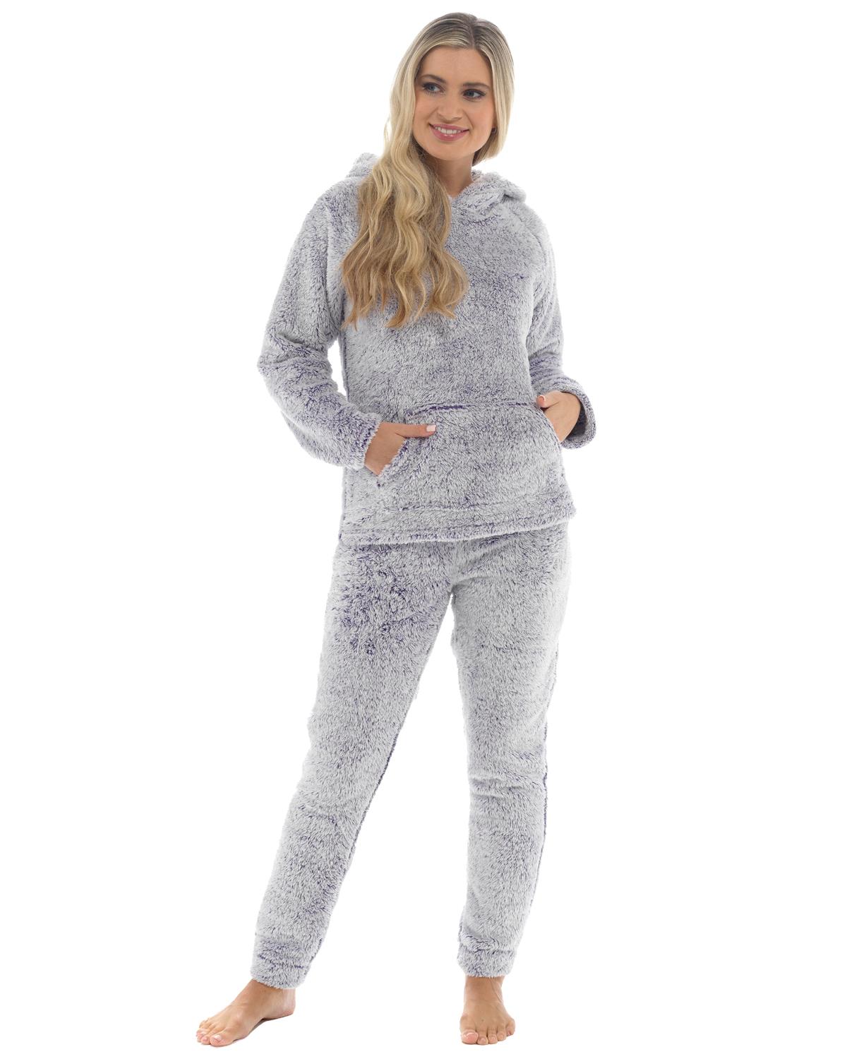 Womens Long Pile Fleece Hooded Pyjamas