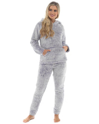 Womens Long Pile Fleece Hooded Pyjamas