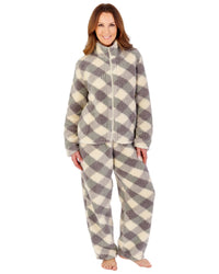 Slenderella Womens Printed Check Fleece Zip Top Pyjamas