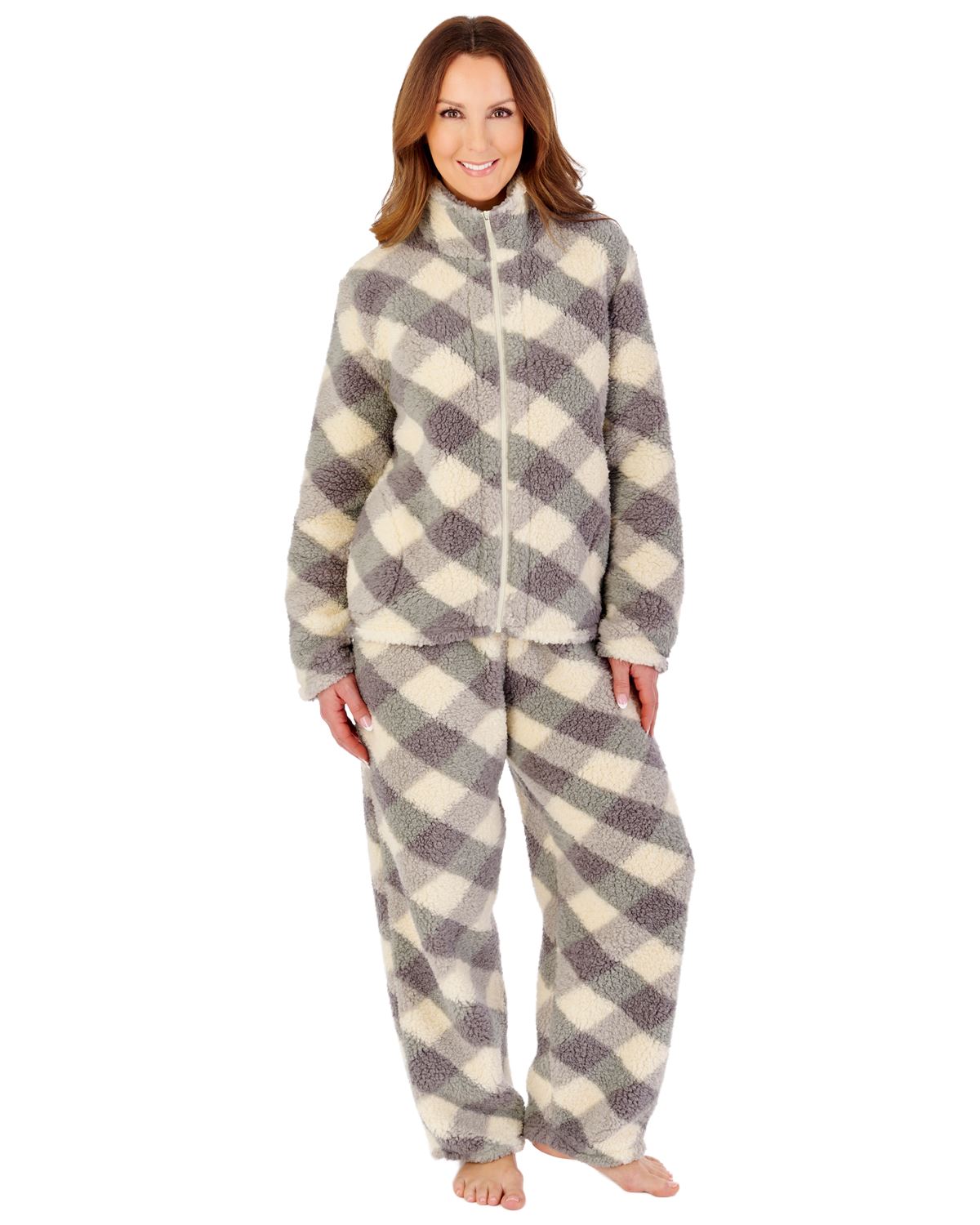 Slenderella Womens Printed Check Fleece Zip Top Pyjamas