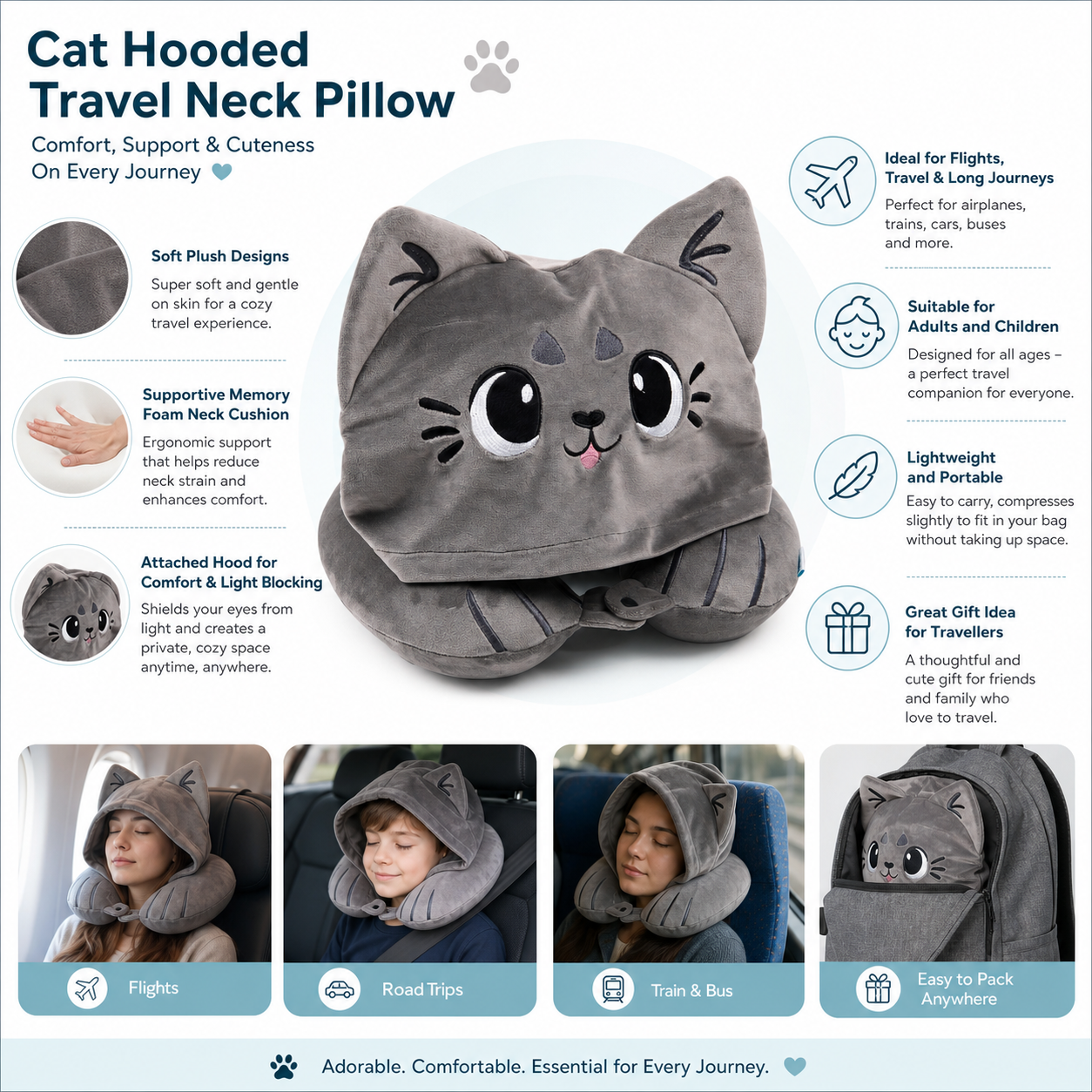 Hoodeazzz Adoramals Plush Memory Foam Travel Pillow & Hood