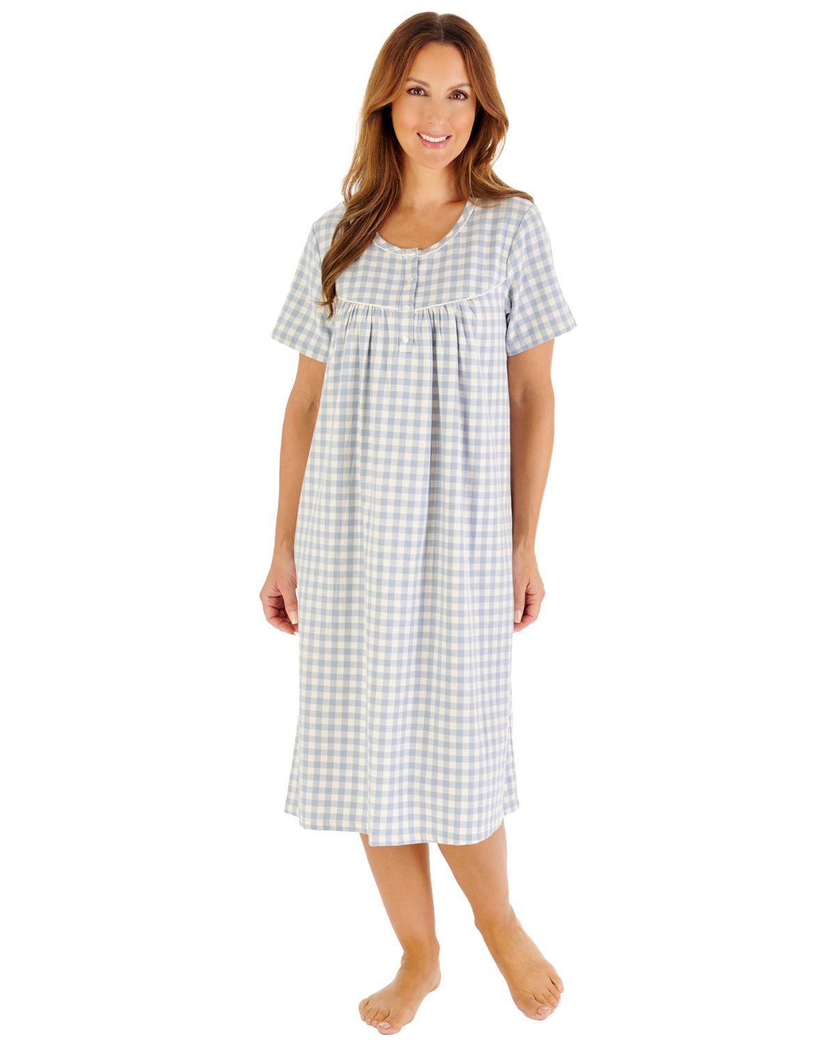 Slenderella Womens Brushed Woven Gingham 42" Short Sleeve Nightdress