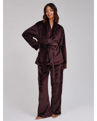Loungeable Womens Luxury Fleece Wrap Kimono and Trouser Lounge Set