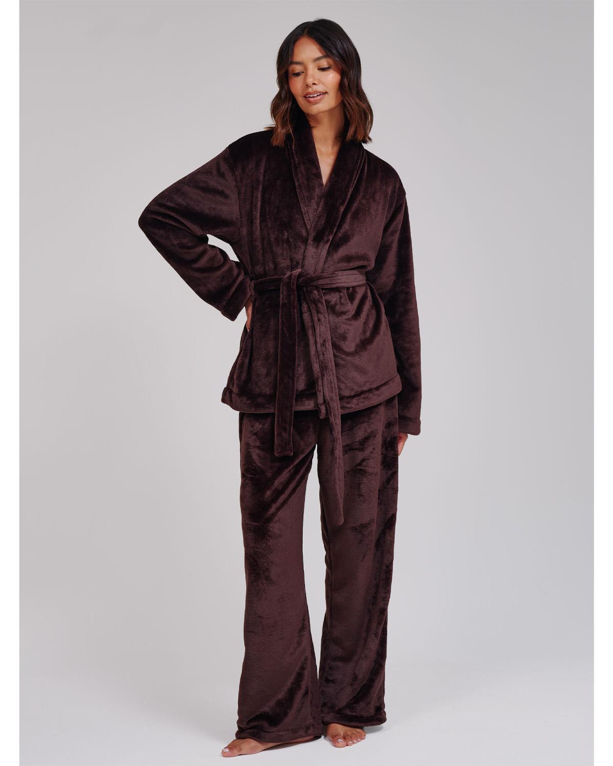 Loungeable Womens Luxury Fleece Wrap Kimono and Trouser Lounge Set