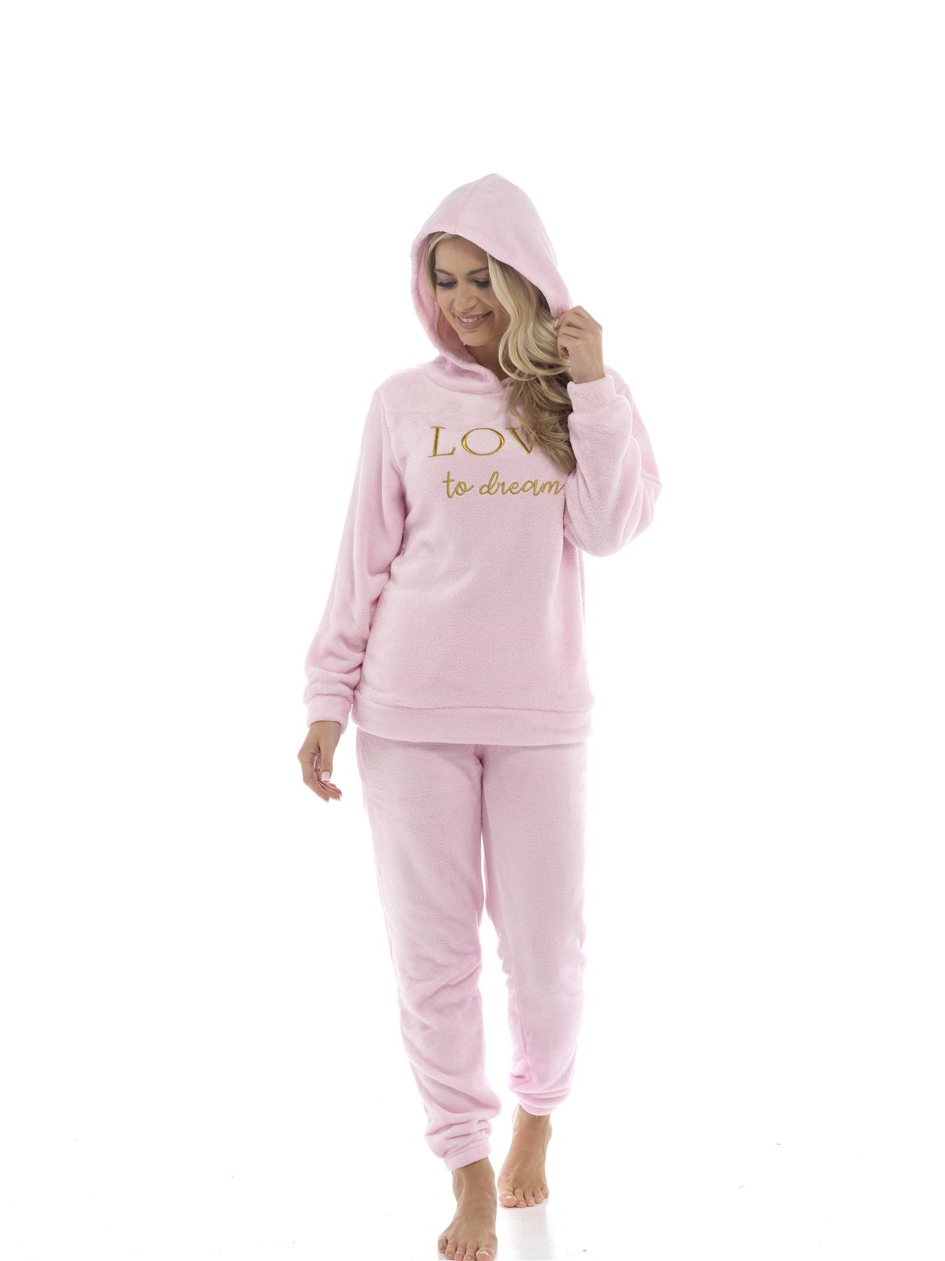 Womens Polished Fleece Slogan Hooded Pyjamas