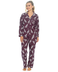 Foxbury Womens Button Through Jersey Cotton Long Pyjamas