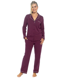 Foxbury Womens Button Through Jersey Cotton Long Pyjamas