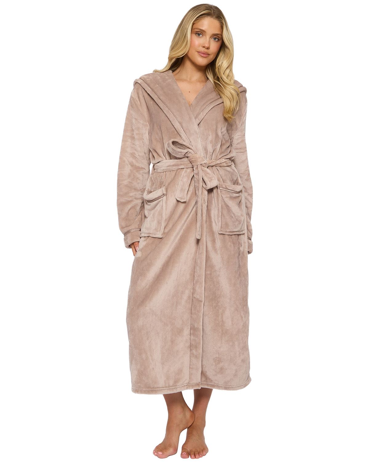 Packaged Robe With Ribbon Loungeable Womens Ribbon Trim Luxury Fleece Hooded Maxi Robe – Slumber Hut