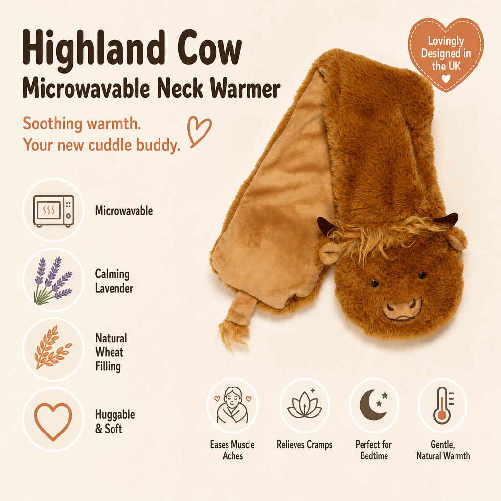 Highland Coo Cow Microwavable Plush Neck Warmer Lavender Heat Pad