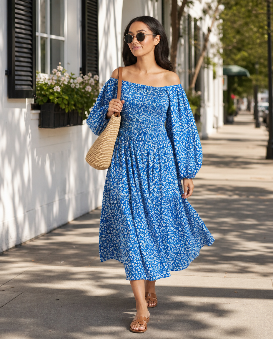 Womens Floral Long Bardot Sleeve Dress