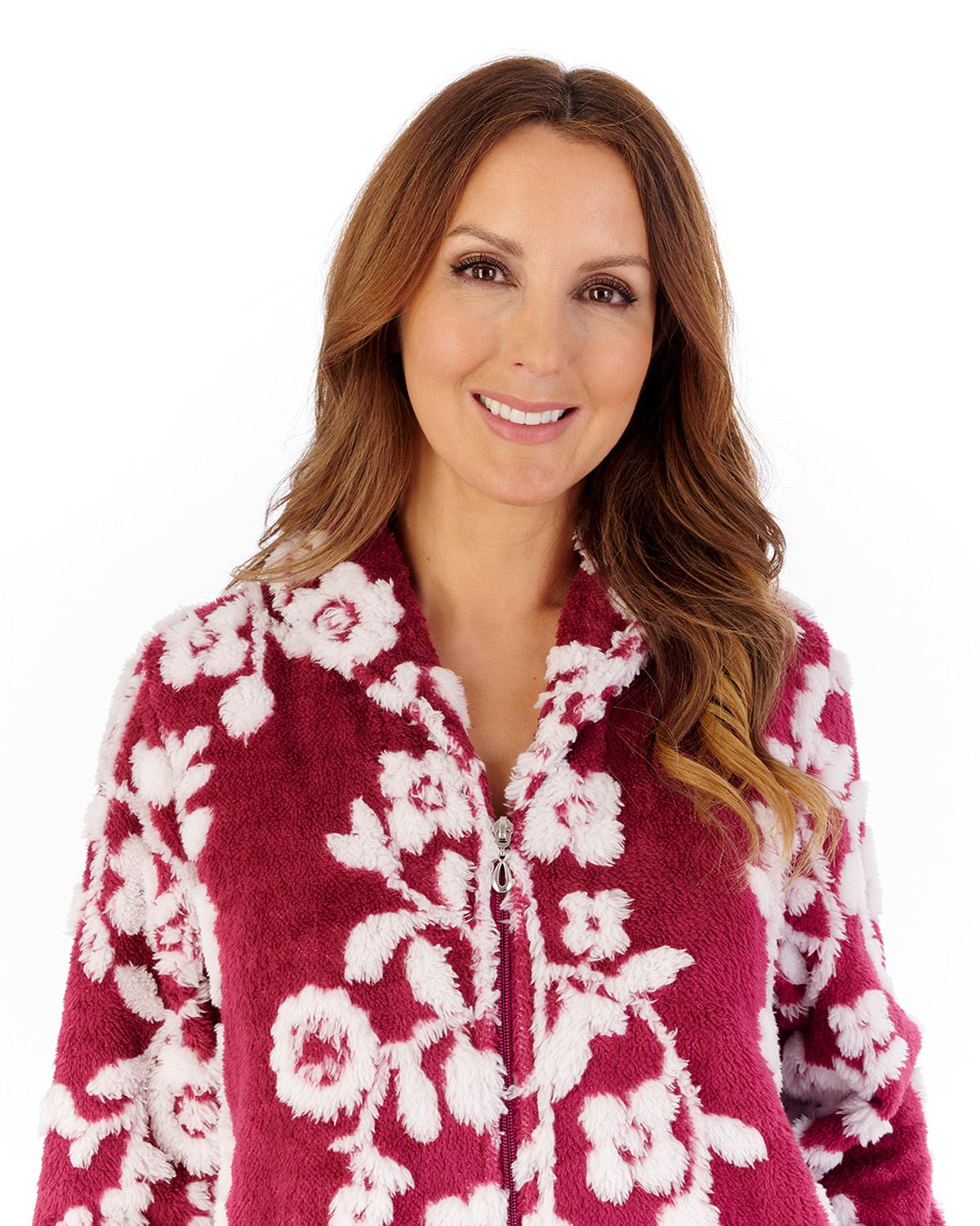 Slenderella Womens Floral Jaquard Fleece 46" Zip Housecoat