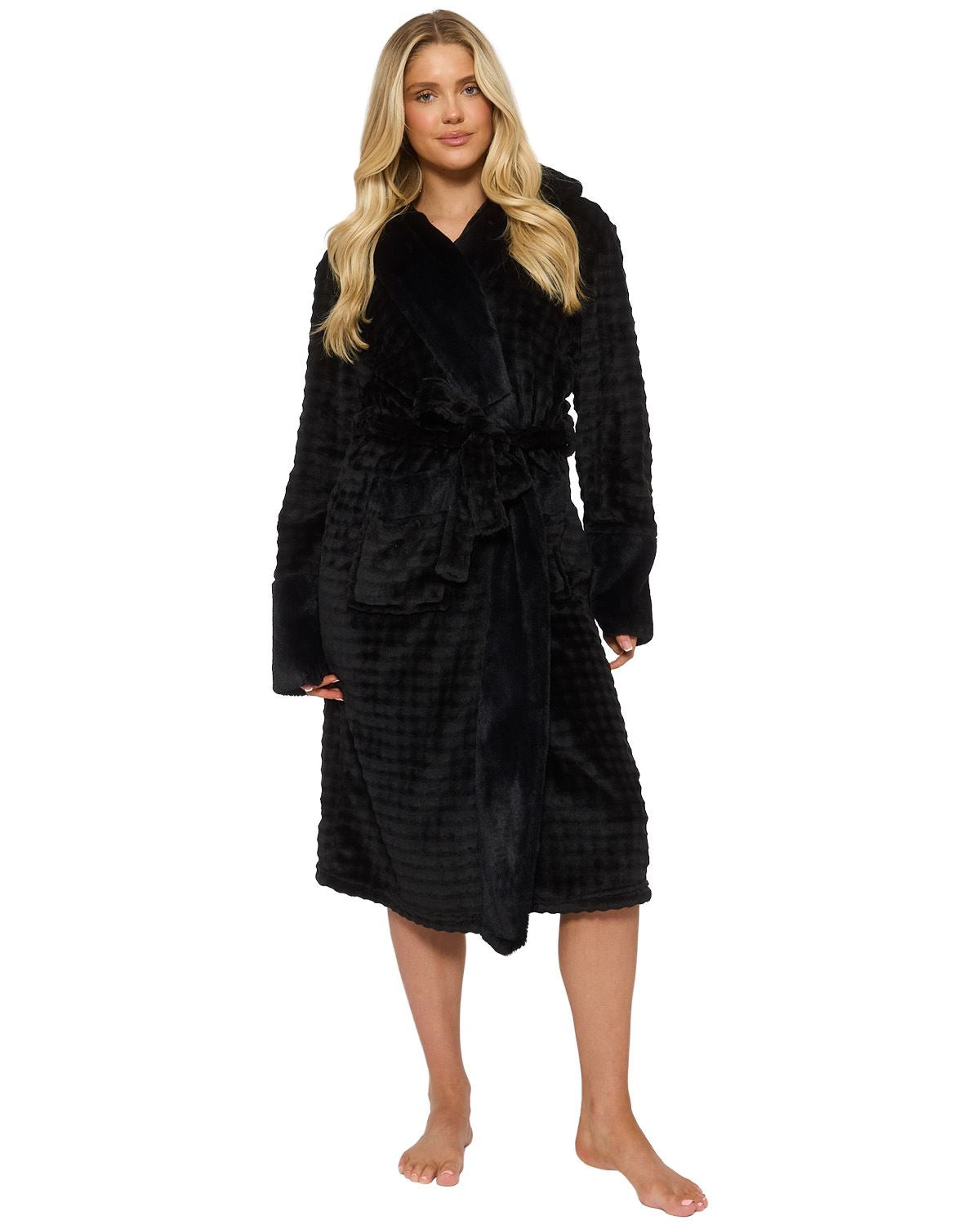 Loungeable Womens Ribbon Trim Luxury Fleece Hooded Maxi Robe