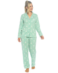 Foxbury Womens Button Through Jersey Cotton Long Pyjamas