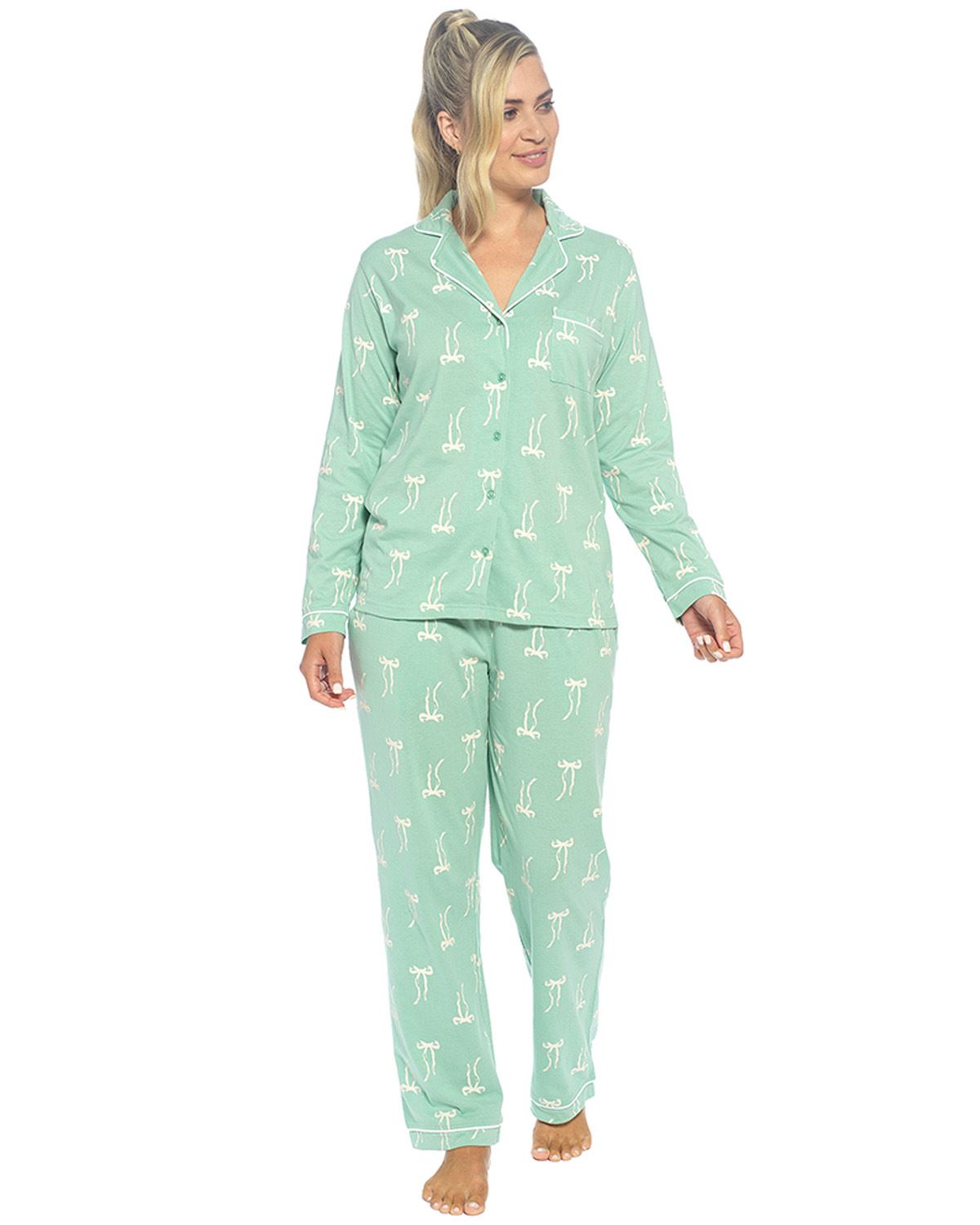 Foxbury Womens Button Through Jersey Cotton Long Pyjamas