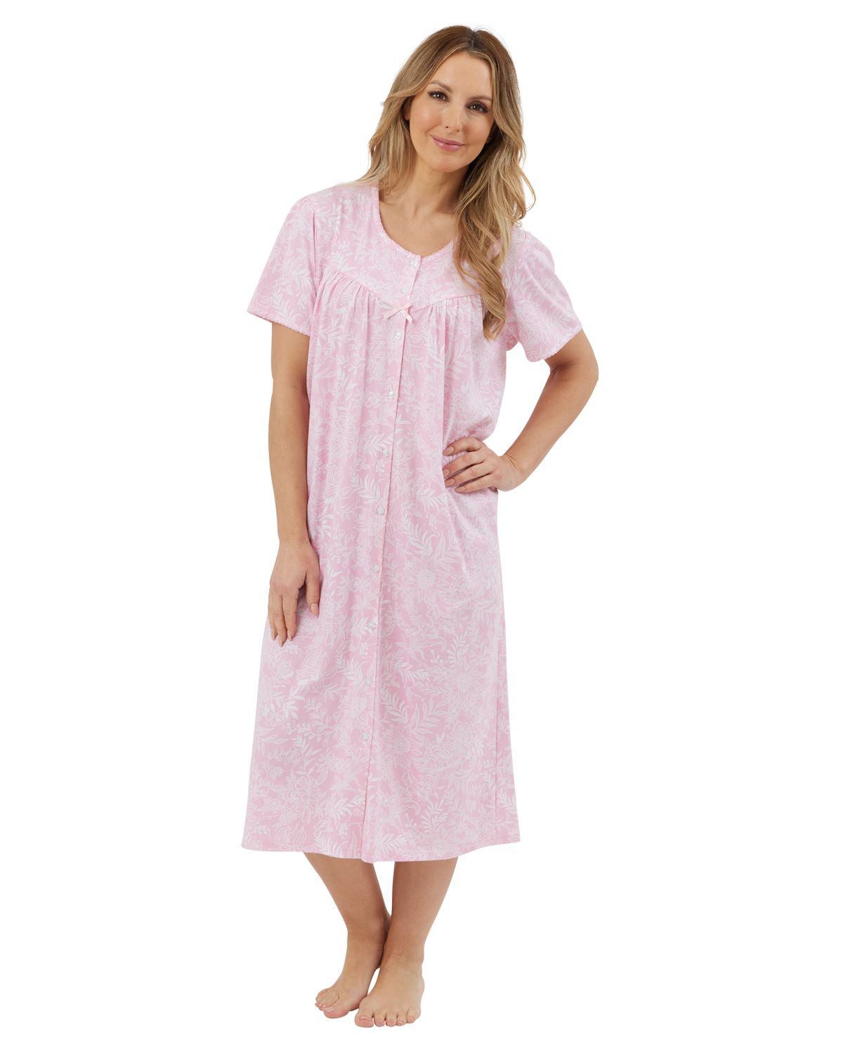 Marlon Womens Linear Floral 45" Short Sleeve Button Nightie