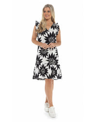 Indigo Roc Womens Linen Ruffle Mono Print Dress