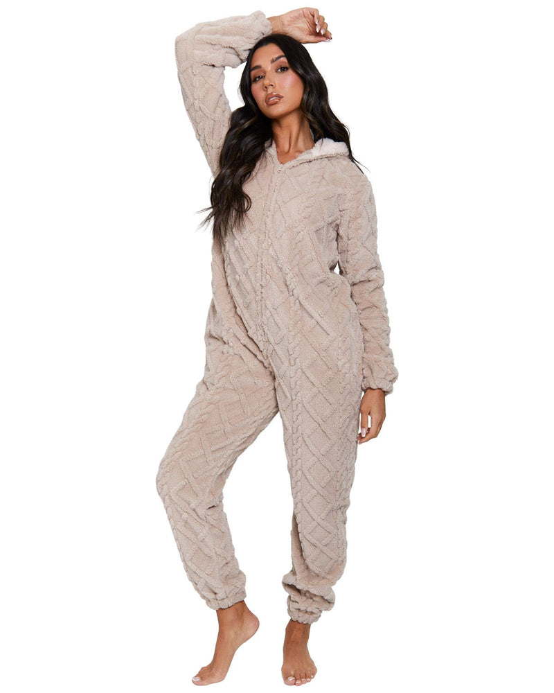 Loungeable Womens Cable Fleece Hooded Onesie