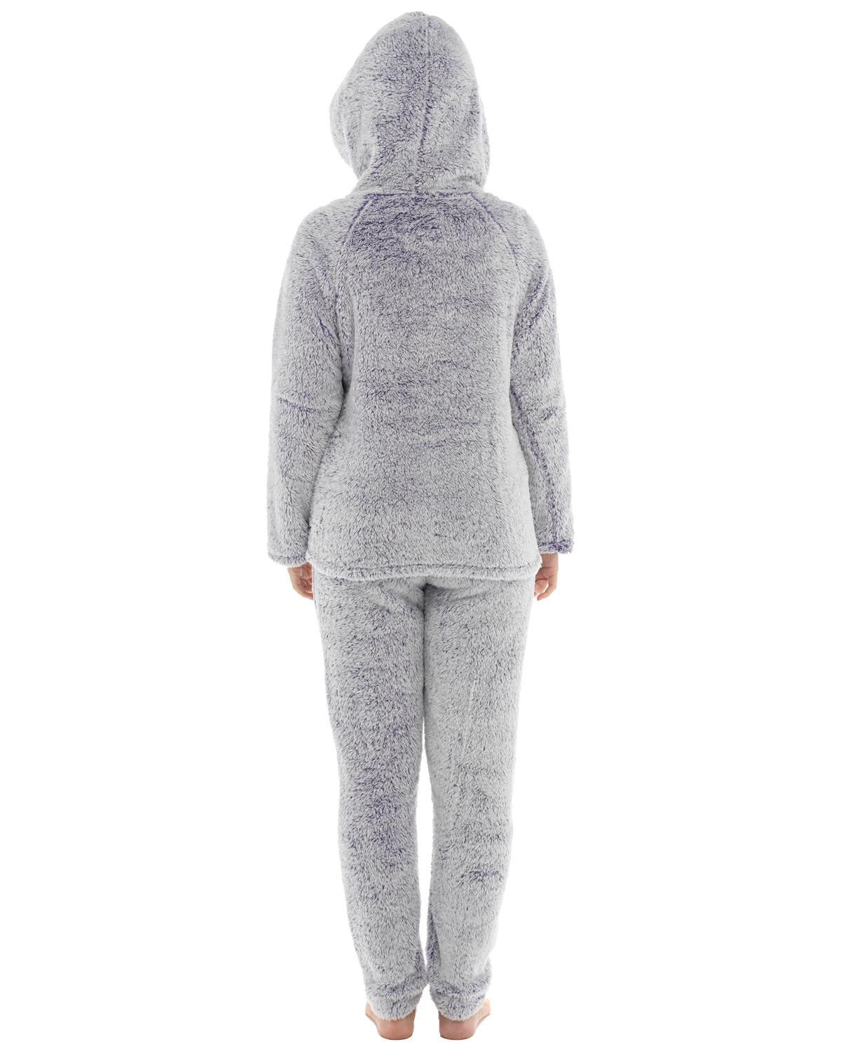 Womens Long Pile Fleece Hooded Pyjamas