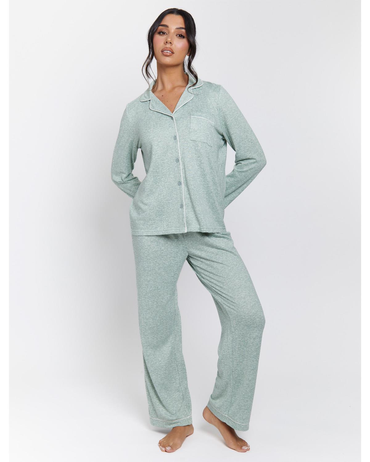 Loungeable Womens Marl Brushed Rib Buttoned Pyjamas