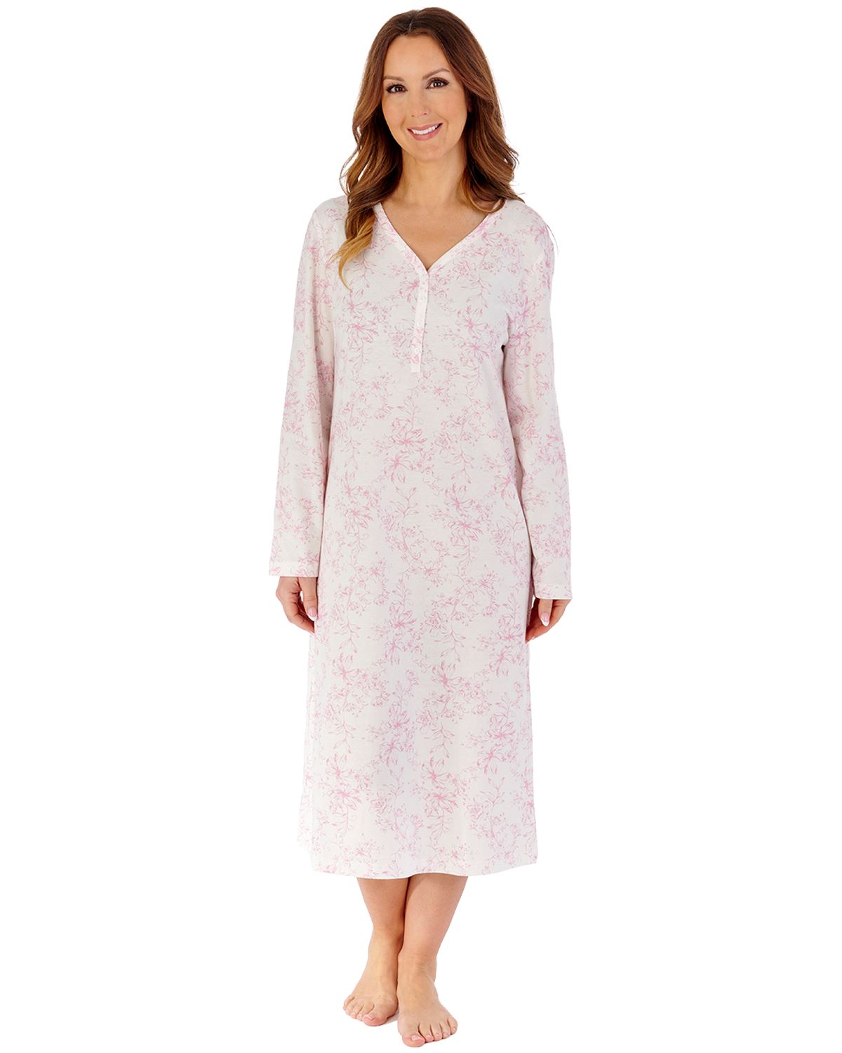 Slenderella Womens Outline Floral Cotton 45" Long Sleeve Nightdress
