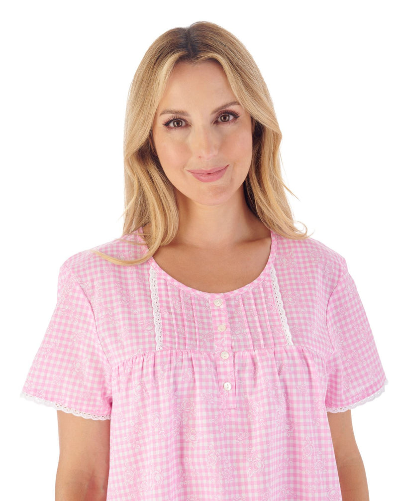 Slenderella Womens 42" Floral Gingham Short Sleeve Nightie