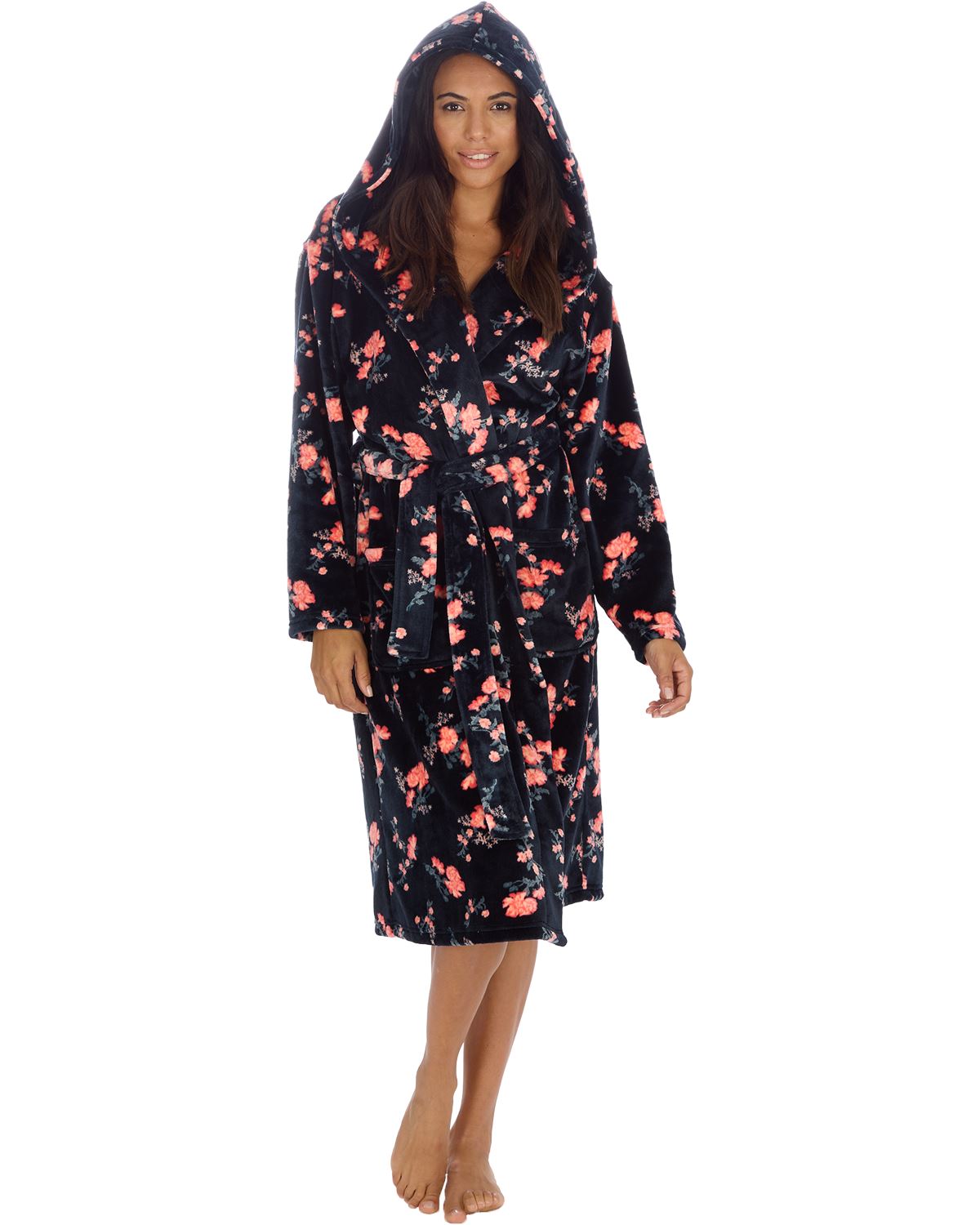 Forever Dreaming Womens Plush Floral Print Hooded Robe