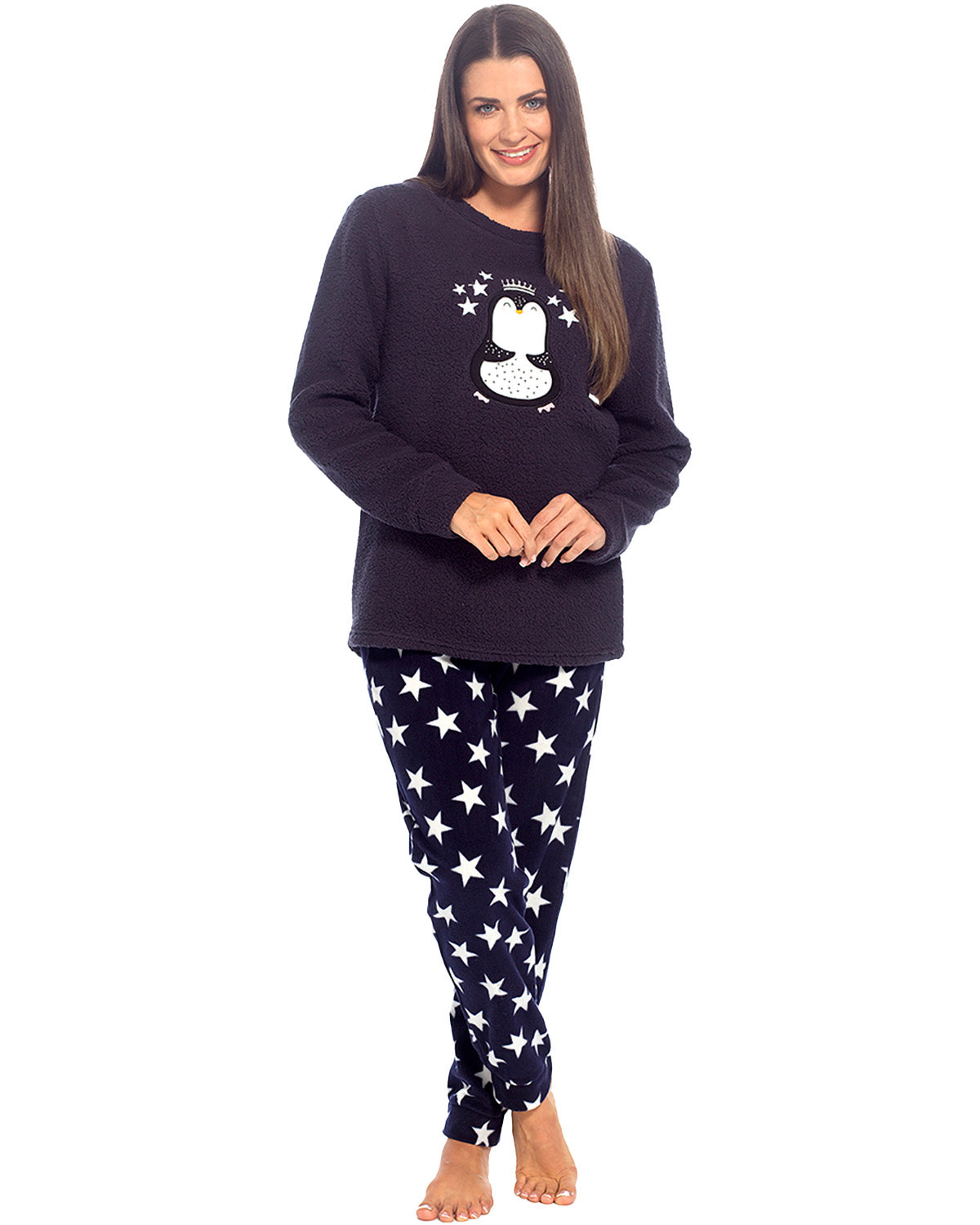 Wolf and Harte Womens Penguin Sherpa Top with Fleece Pants Pyjamas