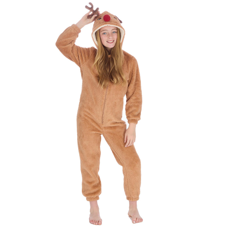 Kids Brown Sherpa Reindeer Onesie