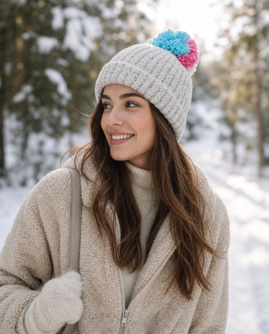 Womens Brushed Ribbed Turn Up Pom Beanie Hat