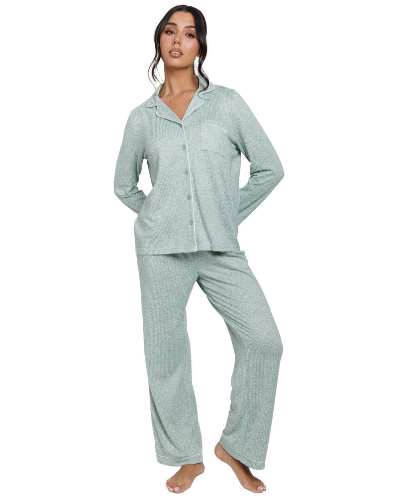 Loungeable Womens Marl Brushed Rib Long Sleeve Buttoned Pyjamas
