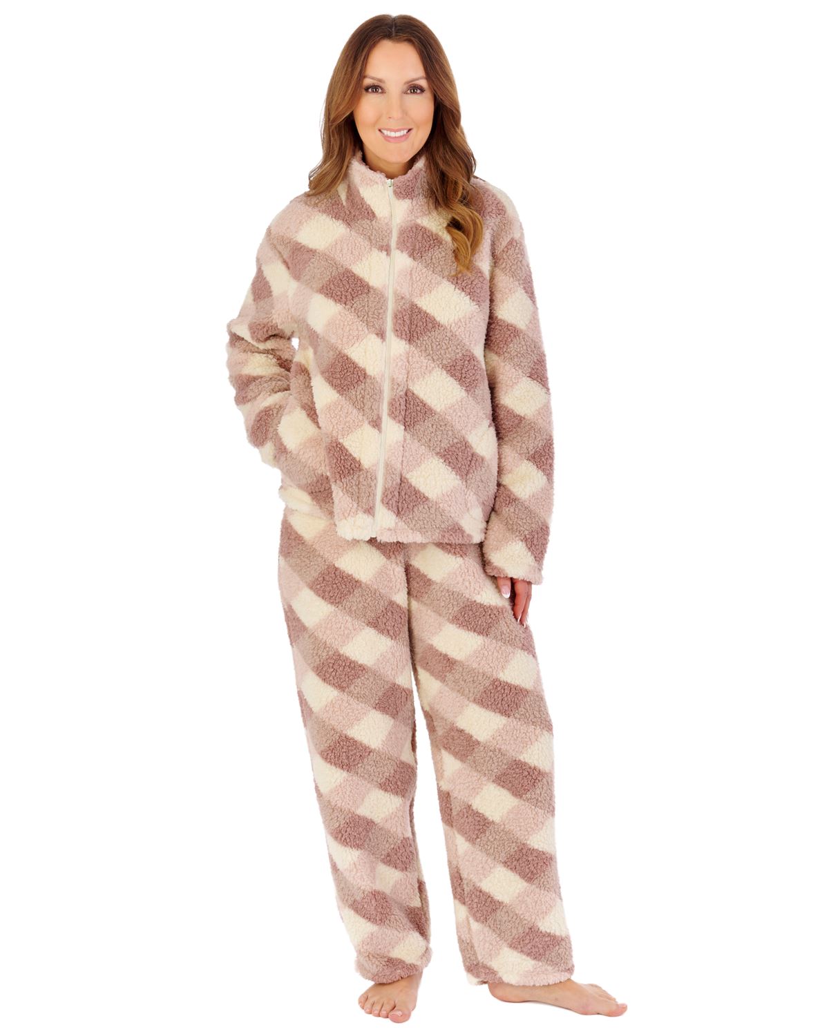 Slenderella Womens Printed Check Fleece Zip Top Pyjamas