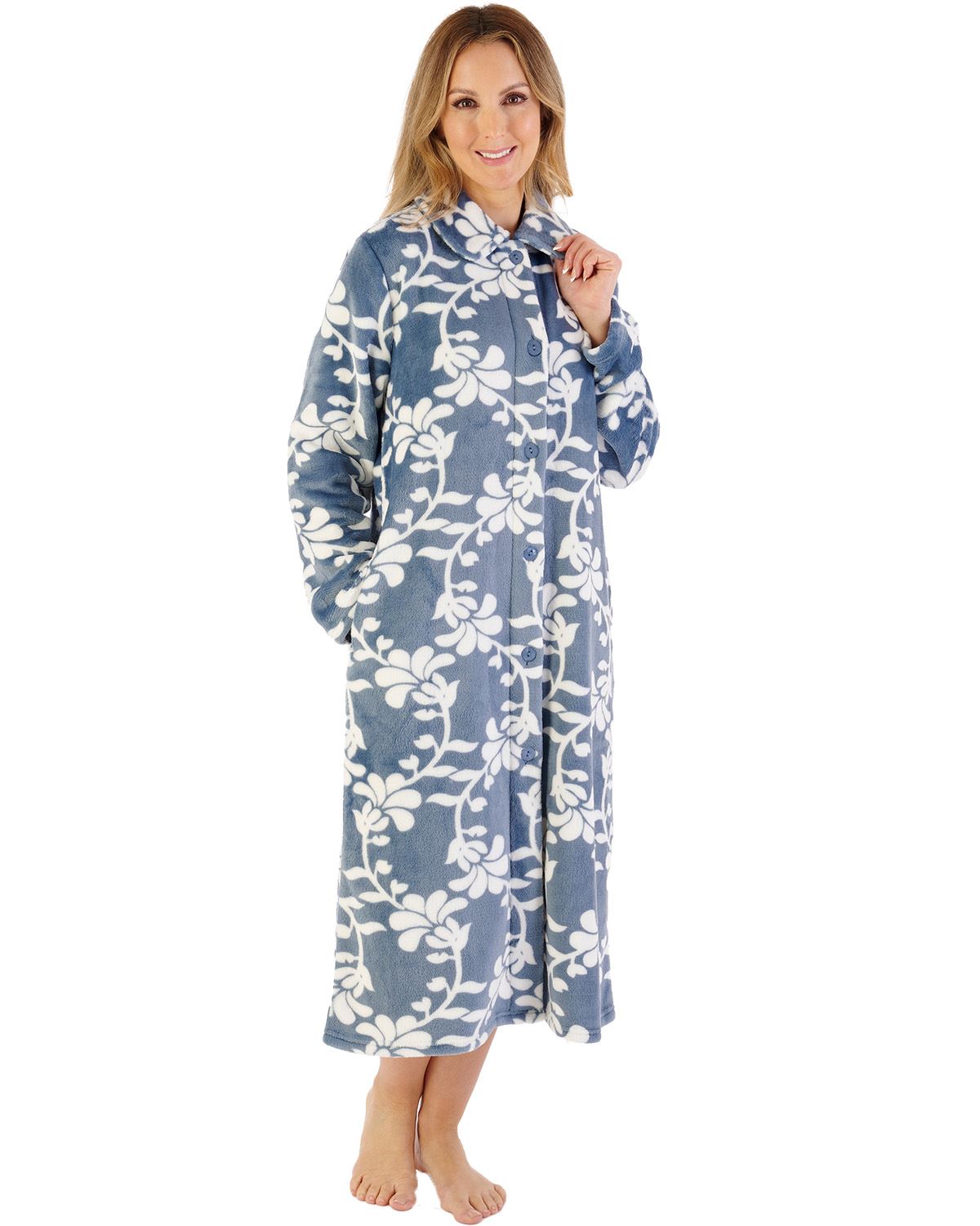 Slenderella Womens 46" Floral Flannel Fleece Button Housecoat