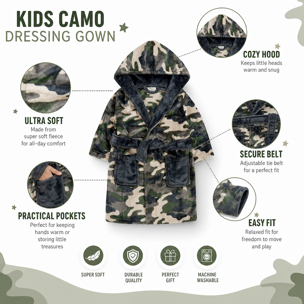 Boys Green Camo Dressing Gown