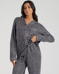 Loungeable Womens Marl Brushed Rib Buttoned Pyjamas