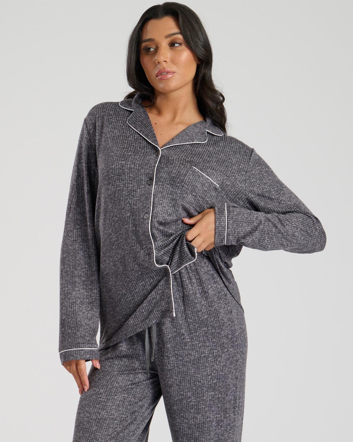 Loungeable Womens Marl Brushed Rib Buttoned Pyjamas