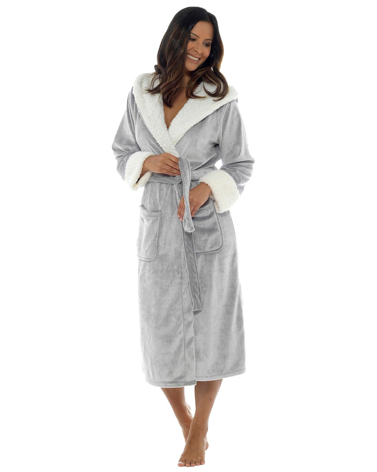 Womens Polished Fleece Sherpa Trim Dressing Gown