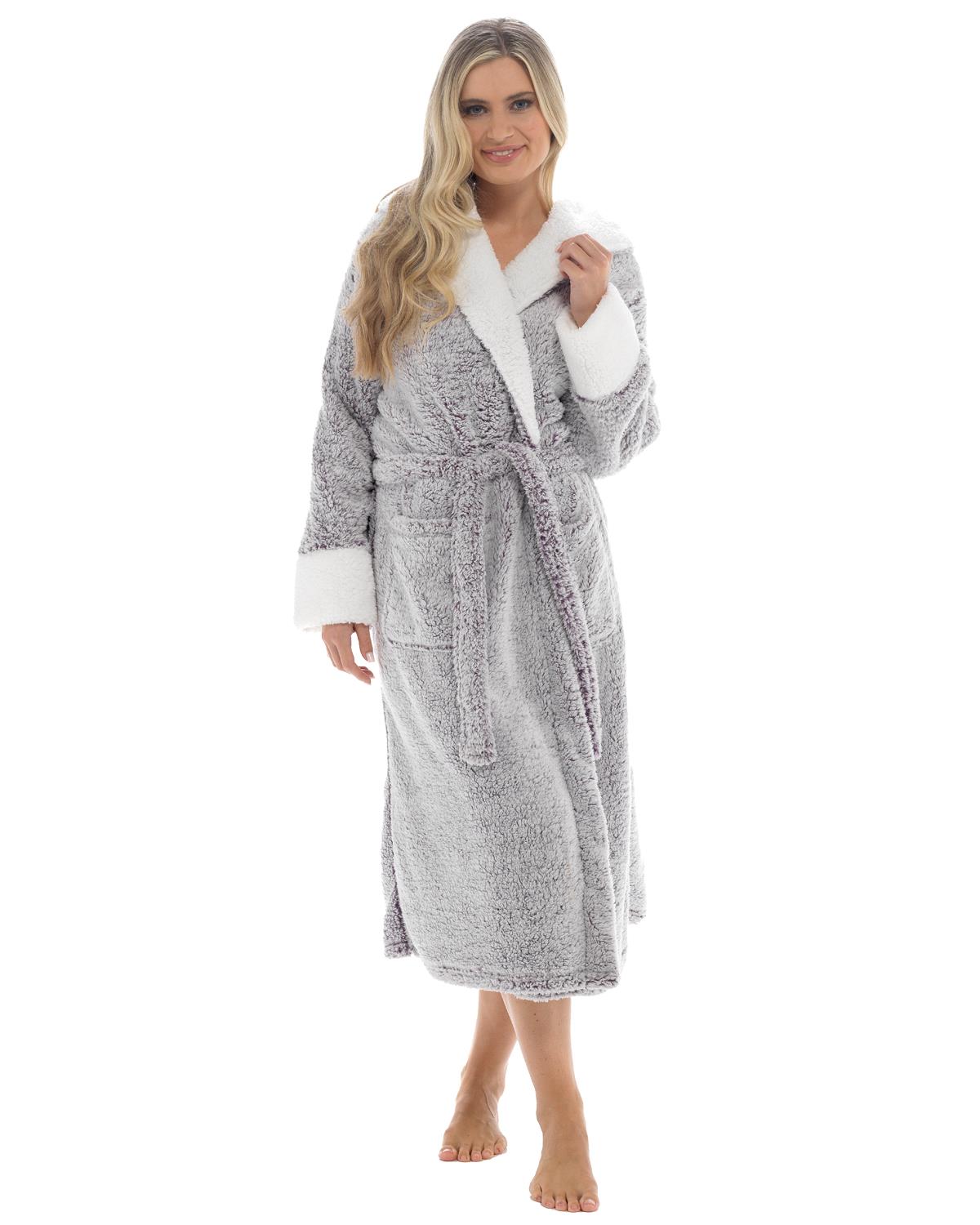 Womens Textured Fleece Sherpa Trim Dressing Gown