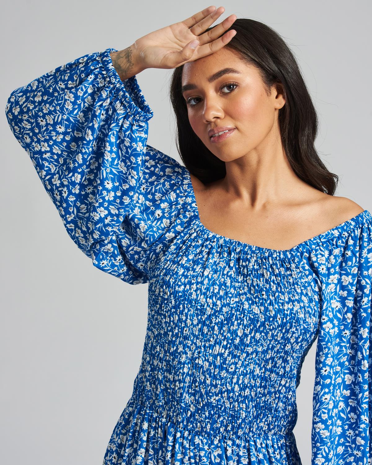 Womens Floral Long Bardot Sleeve Dress