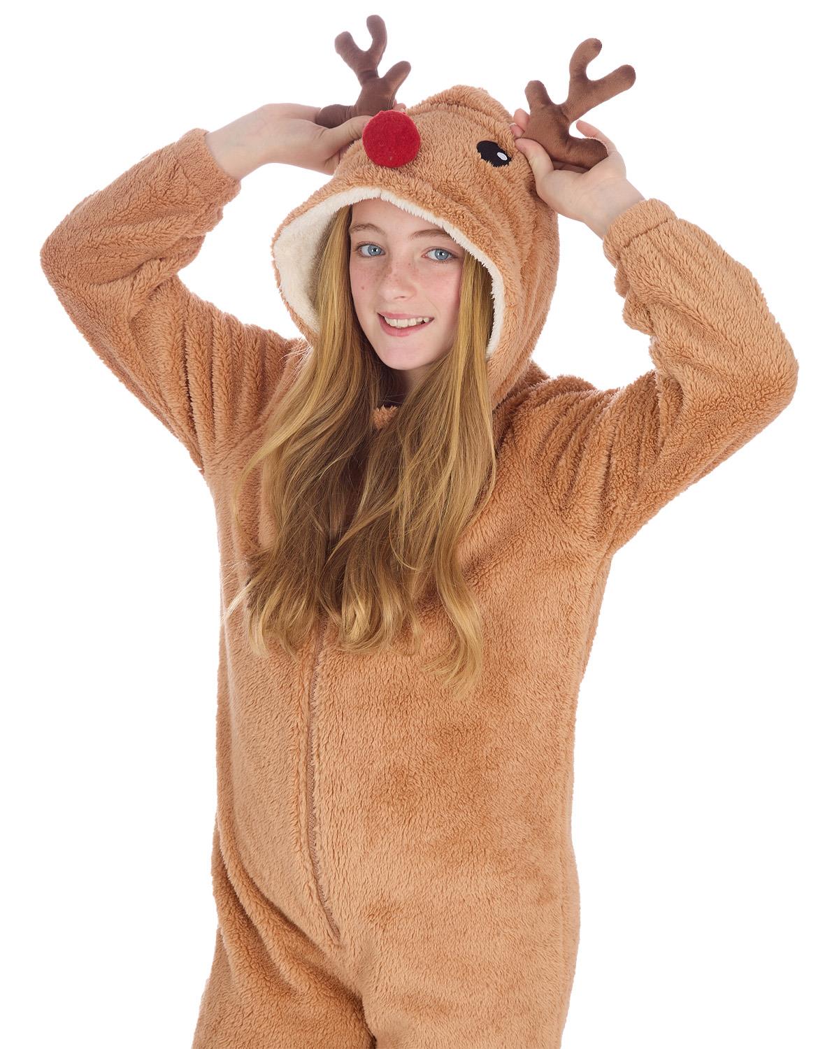 Kids Brown Sherpa Reindeer Onesie