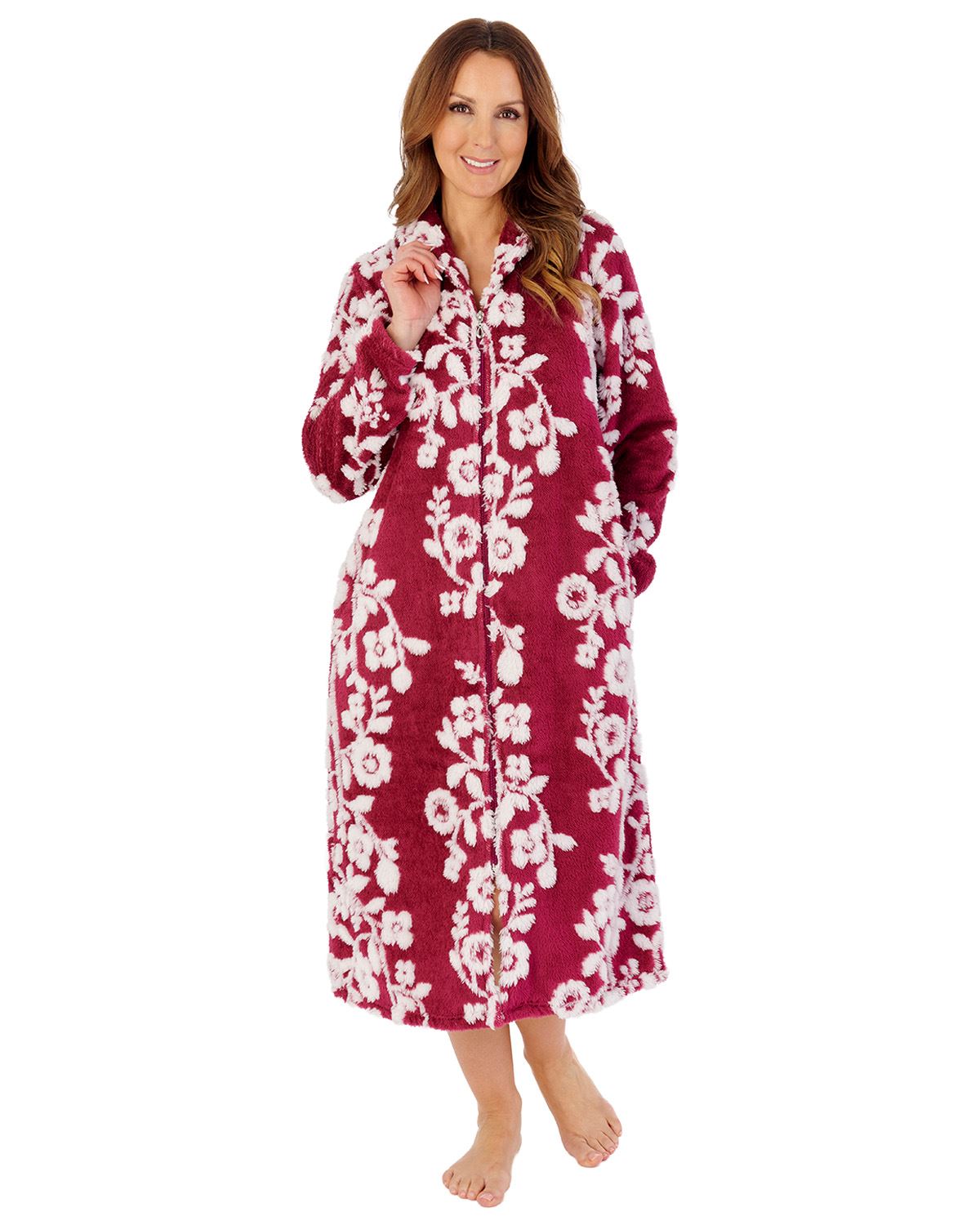 Slenderella Womens Floral Jaquard Fleece 46" Zip Housecoat