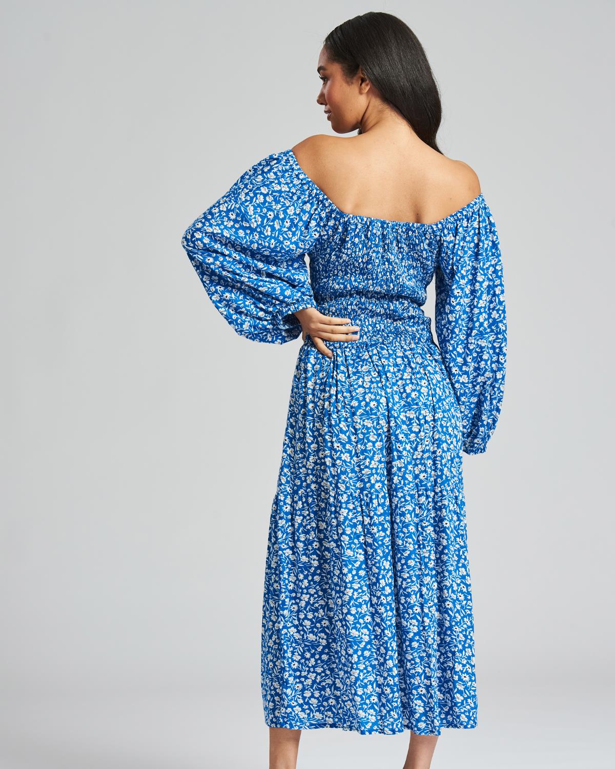 Womens Floral Long Bardot Sleeve Dress