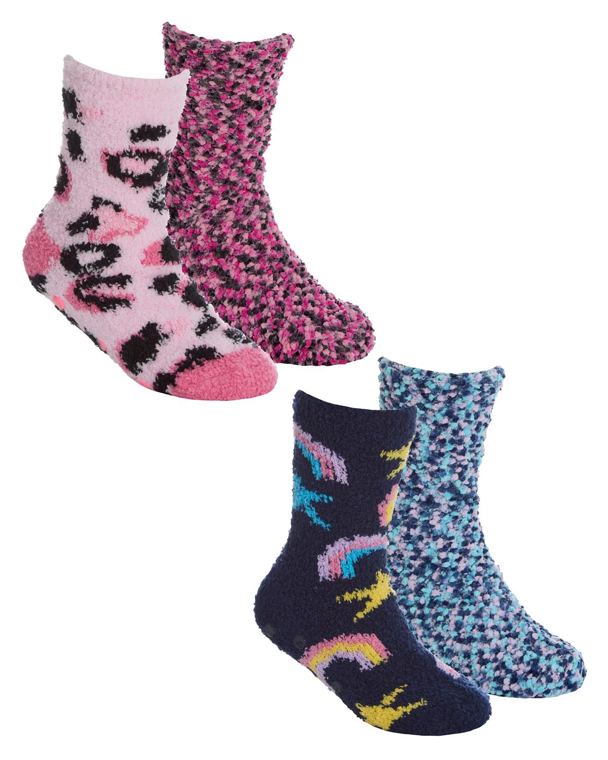 4 Pairs Girls Rainbow Leopard Print Cosy Socks Slumber Hut