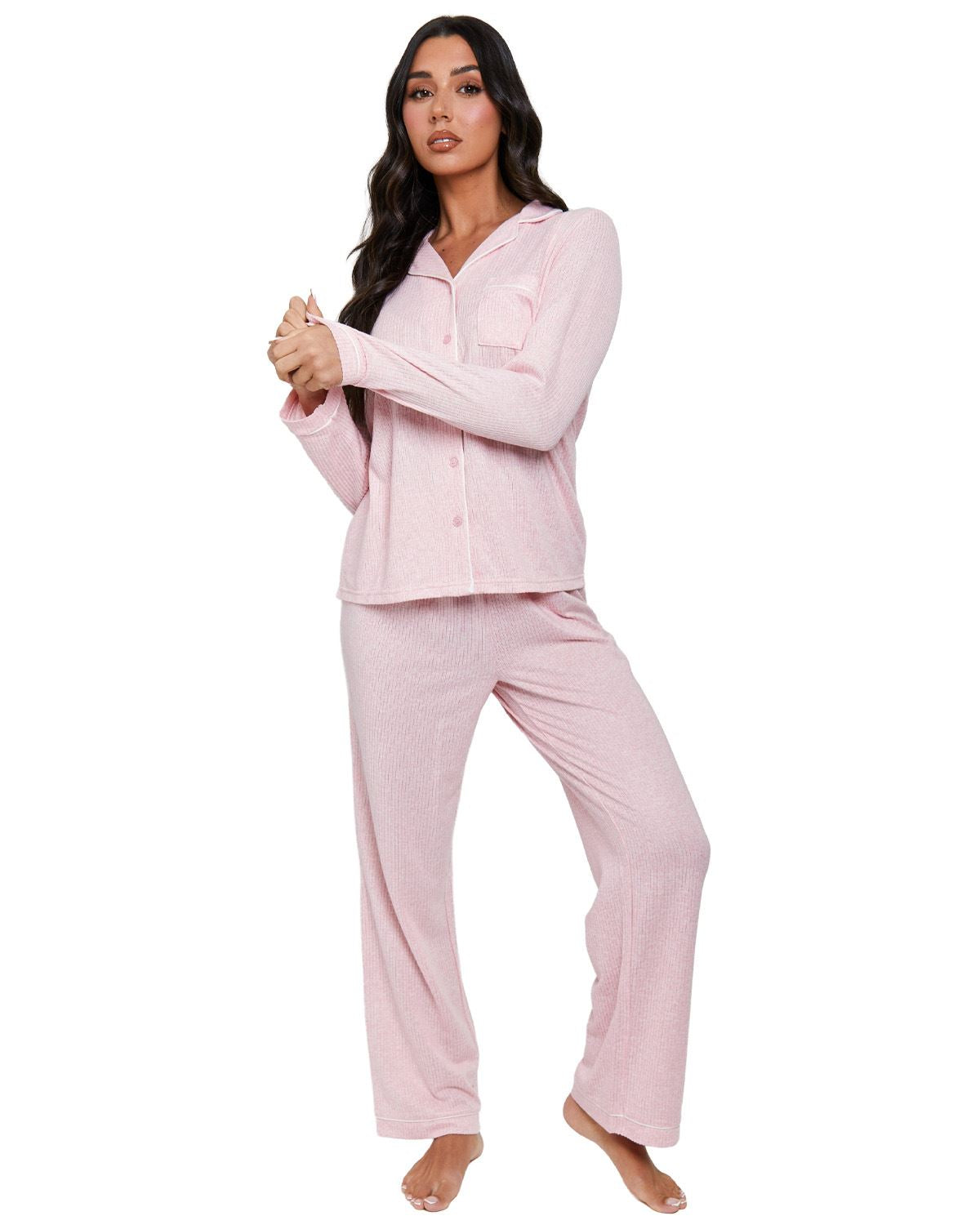 Loungeable Womens Marl Brushed Rib Long Sleeve Buttoned Pyjamas